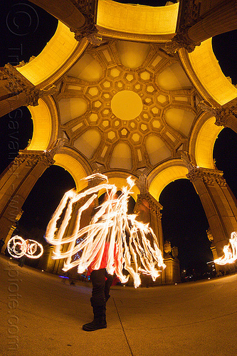 mel with fire fans - fire dancers at the palace of fine arts, arches, dome, fire dancer, fire dancing, fire fans, fire performer, fire spinning, mel, night, palace of fine arts, vaults