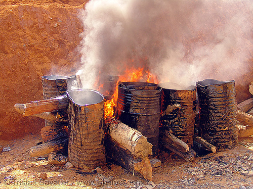 melting asphalt (bitumen) with wood fire - vietnam, air pollution, barrels, burning, environment, fire, groundwork, hot asphalt, hot bitumen, mèo vạc, pavement, paving, road construction, roadworks