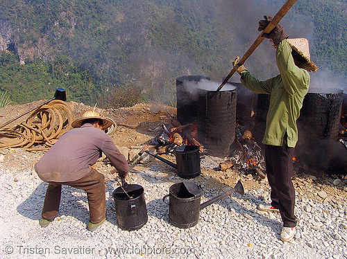 melting barrels of asphalt (bitumen) - vietnam, barrels, buckets, burning, fire, groundwork, hot asphalt, hot bitumen, pavement, paving, road construction, roadworks, smoke, smoking, watering can, work