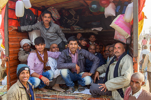 men heading back home in back of truck - kumbh mela (india), exodus, hindu pilgrimage, hinduism, india, lorry, luggage, maha kumbh mela, man, truck