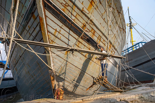 men repainting pinisi wooden boat hull, boats, bugis schooners, dock, harbor, men, painting, pinisi, ships, surabaya, suspended scaffold