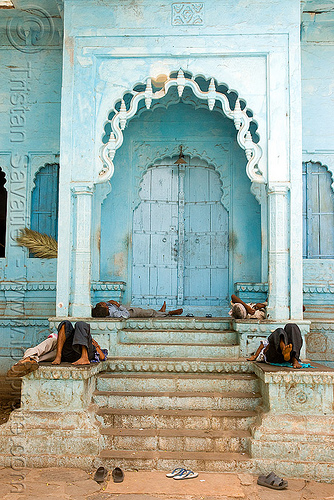 men taking a nap near gate (india), blue door, gate, men, nap, napping, sailana, shoes, sleeping, stairs