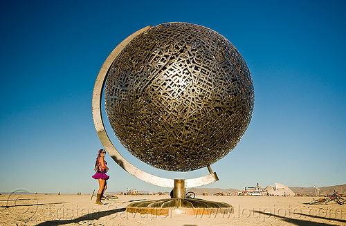 metal globe, art installation, ball, globe, greta, metal sculpture, michael christian, sphere, steel, woman