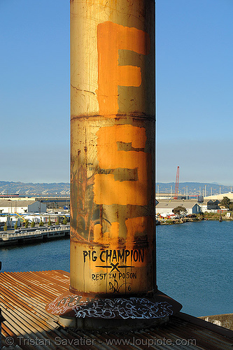 metal smokestack - abandoned factory (san francisco), derelict, graffiti, pig champion, roof, rusty, smokestack, tie's warehouse, trespassing