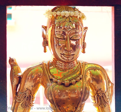 metal statue of a kho me goddess - deity - vietnam, brass, goddess, golden color, khmer krom, kho-me, sculpture, statue, temple, woman