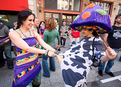 milking the cow - how weird street faire (san francisco), costumes, cow, guy, hat, man, milking, mushroom, nipples, woman