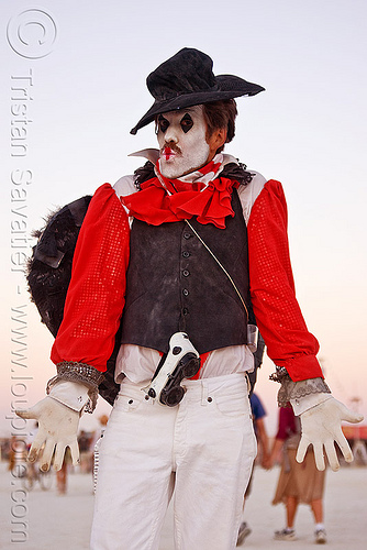 mime costume, attire, burning man outfit, facepaint, hat, mime, white face paint, white face painting, white makeup