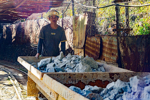 mine trolley with gold ore - balatoc mines (philippines), balatoc mines, gold mine, head light, mancart, men, mine railway, mine train, mine trolley, mine worker, miner, safety helmet, workers