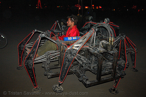 mondo spider - burning man 2006, art car, biomimicry, burning man art cars, burning man at night, driver, el-wire, electroluminescent wire, mecanical, mechanical spider, motorized spider, mutant vehicles, walker, walking machine