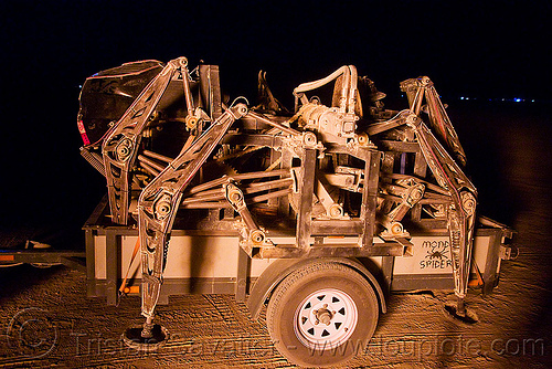 mondo spider on its trailer - burning man 2009, art car, biomimicry, burning man, mechanical spider, motorized spider, mutant vehicles, night, trailer, walker, walking machine