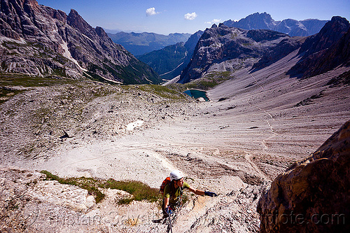 monte paterno via ferrata, alps, climber, climbing harness, climbing helmet, dolomites, monte paterno, mountain climbing, mountaineer, mountaineering, mountains, parco naturale dolomiti di sesto, rock climbing, tail, via ferrata, woman