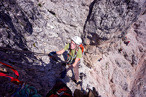 monte paterno via ferrata, alps, cliff, climber, climbing harness, climbing helmet, dolomites, monte paterno, mountain climbing, mountaineer, mountaineering, mountains, parco naturale dolomiti di sesto, rock climbing, via ferrata, woman