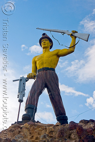 monument to the miners - potosi (bolivia), bolivia, gun, jack hammer, mine worker, miner, monument, potosí, safety helmet, sculpture, statue, yellow