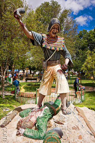 monument to the victory of indigenous quechua warriors over the spaniards - tarabuco (bolivia), blood, bolivia, dead, hat, indigenous, killing, men, monument, quechua, sculpture, soldier, statue, tarabuco, victory, warrior