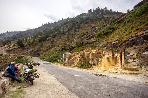 motorcyclists at the tapovan hot springs (india), dhauliganga valley, motorcycle touring, motorcycles, mountains, road, royal enfield bullet, sulfurous hot springs, tapovan hot springs