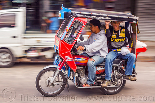 motorized tricycle (philippines), bontoc, colorful, driver, men, motorcycle, motorized tricycle, passenger, philippines, sidecar, sitting