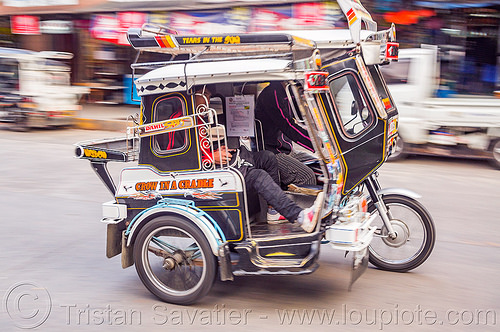 motorized tricycle (philippines), bontoc, colorful, man, motorcycle, motorized tricycle, passenger, sidecar, sitting, tricycle philippines