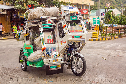 motorized tricycle with cargo freight (philippines), bags, bontoc, colorful, freight, motorcycle, motorized tricycle, sacks, sidecar, tricycle philippines