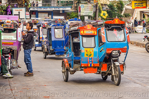 motorized tricycles (philippines), bontoc, colorful, man, motorcycles, motorized tricycle, pedestrian, philippines, sidecar, standing