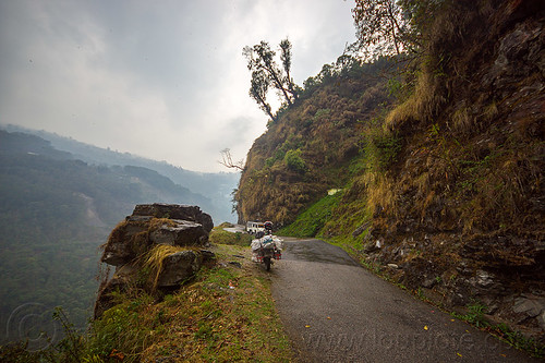 mountain road in sikkim (india), car, cloudy, india, motorcycle, mountains, road, sikkim