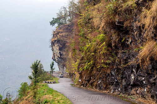 mountain road in sikkim (india), car, cliff, india, mountains, road, sikkim