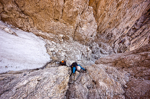 mountaineers on santner via ferrata - dolomites, alps, climbers, climbing helmet, dolomites, dolomiti, ferrata santner, mountain climbing, mountaineer, mountaineering, mountains, old snow, rock climbing, via ferrata del passo santner