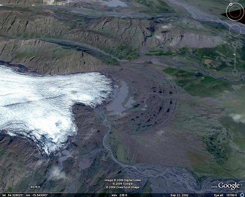 mouth of the flàajökull glacier (iceland), flaajokull, flàajökull, glacier mouth, google earth, ice, iceland, landscape, mountains, satellite photo