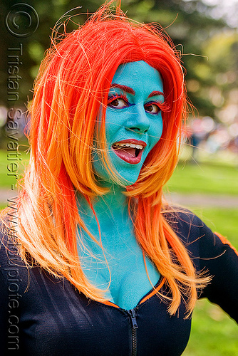 ms monster - bay to breaker footrace and street party (san francisco), bay to breakers, blue, complementary colors, costume, eyelashes extensions, face painting, facepaint, footrace, makeup, ms monster, orange hair, street party, woman