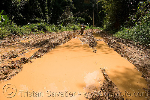 muddy road - motorcycle (laos), 250cc, dirt road, dual-sport, honda motorcycle, honda xr 250, motorcycle touring, mud ruts, muddy water, puddle, unpaved