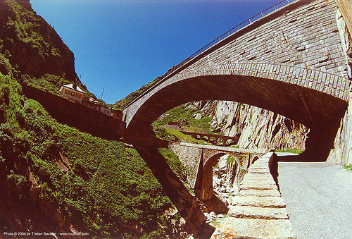 multiple bridges in narrow valley (switzerland), arches, bridges, mountain, road, switzerland, vaults