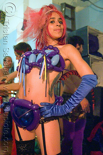 mumu mariane charline with her balloons costume, costume, fashion, feather tattoo, party balloons, red hair, tattooed, tattoos, underwear, woman