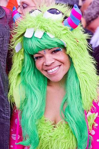 mupper monster fuzzy hood, fashion, fuzzy hood, green hood, green wig, muppet monster hood, neon green, raver, woman