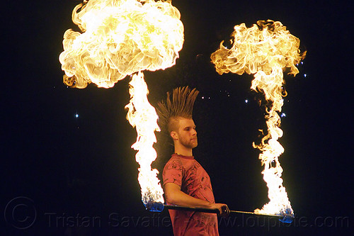 mushroom flames - fire staff performer, fire dancer, fire dancing, fire performer, fire spinning, fire staff, man, mohawk hair, mushroom flames, night, spinning fire