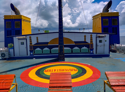 muster station on the upper deck of the ferry, deck, exterior, ferry, ferryboat, funnels, horizon, ocean, outside, sea, ship