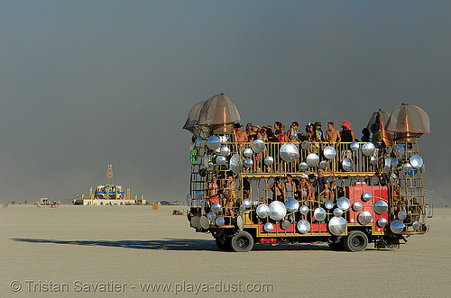 mutant vehicle with convex mirrors - burning man 2006, art car, burning man art cars, convex mirrors, dust storm, mutant vehicles, the man