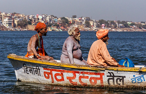 naga sadhu on small boat on the ganges river - varanasi (india), ganga, ganges river, hindu, hinduism, holy ash, men, naga babas, naga sadhus, pilgrims, river boat, sacred ash, varanasi, vibhuti