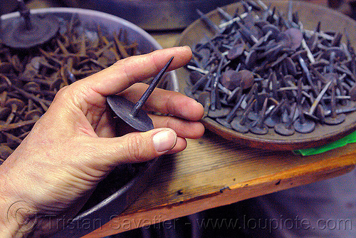 nails made by blacksmith, blacksmith, forged, hand, ironwork, metal working, metalwork, nails