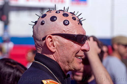 nails on head, bald head, bindis, juan, man, nails, shaved head, shaven head, spiky