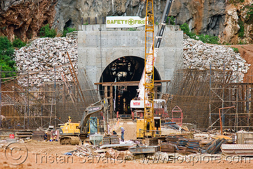 nam theun 2 hydroelectric project (laos) - adit - downstream canal tunnel exit, adit, construction, crane, excavator, hydro-electric, mem, nam theun 2 hydroelectric project, nam theun power company, ntpc, safety first, tunnel, tunneling equipment, tunneling machine