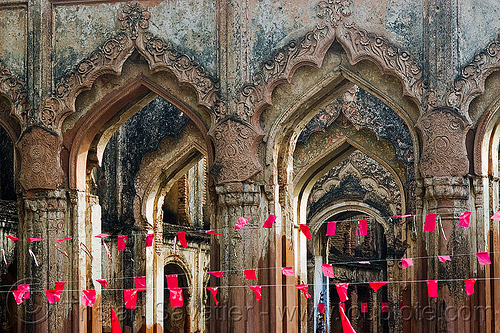 nawabi masjid ruins in lucknow residency (india), architecture, british residency, flag lines, imambara, islam, lucknow, mosque, nawabi mahal, nawabi masjid, red flags, ruins, vaults