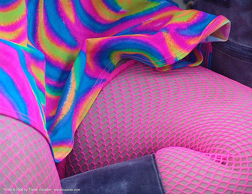 neon clothing - candy raver - burning man 2004, burning man, colorful, fashion, fishnet clothing, fishnet stockings, flashy, kandi kid, kandi raver, neon color, pink, raver outfits, tights