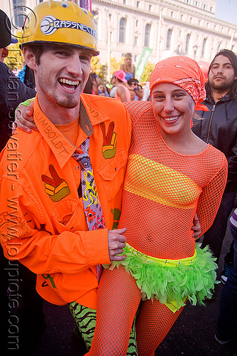 neon orange costumes, bright orange, costumes, fishenet clothing, lovevolution, neon color, outfits, safety helmet, woman