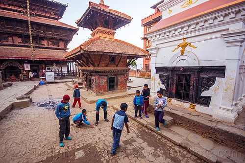 nepali boys playing on square near bagh bhairav temple (nepal), bagh bhairav temple, boys, children, hindu temple, hinduism, kids, kirtipur, playing