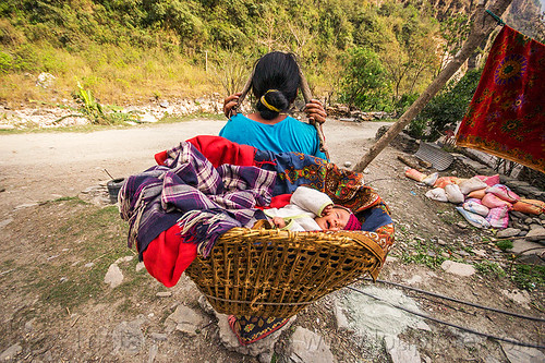 nepali woman carrying baby basket (nepal), annapurnas, baby, basket, blanket, carrying, kali gandaki valley, mother, rattan, tatopani, woman