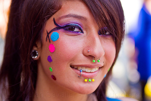 nose and lip piercing, body jewelry, color pasties, color polka dots, devin, lip piercing, nose piercing, rainbow colors, rainbow pasties, rainbow polka dots, septum piercing, woman