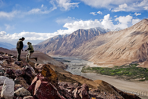 nubra valley - ladakh (india), ladakh, landscape, men, mountain river, mountains, nubra valley, river bed, rocks, satti