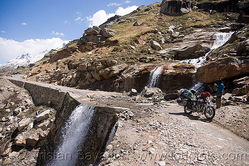 nullah north of rohtang pass - manali to leh road (india), grace liew, motorcycle touring, nullah, river, road, rohtang pass, rohtangla, royal enfield bullet, stream, woman