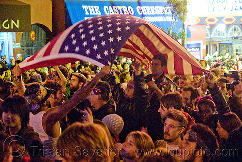 obama gets elected in san francisco - american flag - castro street - blogging, american flag, cnn ireport, crowd, election 08, election night, obama election, president, real-time blogging, street party, united states presidential election, us flag, yes we can
