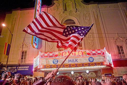 obama gets elected in san francisco - american flag - castro street party - celebrating - blogging, american flag, cnn ireport, crowd, election 08, election night, obama election, president, real-time blogging, street party, united states presidential election, us flag, yes we can