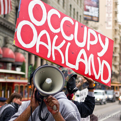 occupy oakland sign in protest, black friday, bullhorn, demonstration, demonstrators, gas mask, occupy, ows, protest, protesters, sign, union square